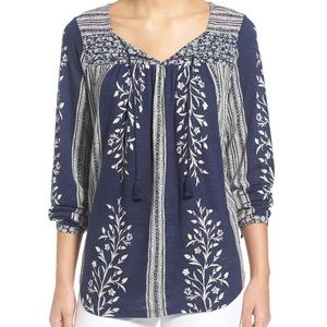 Lucky Brand Navy Print Peasant Tassel Tie Blouse